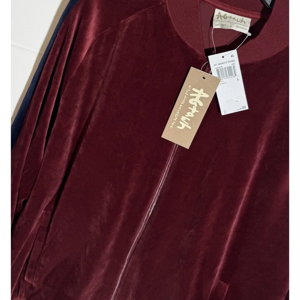 AGTAWH Men ST. Moritz Powder Red Velour Bomber Jacket Full Zip new Size L